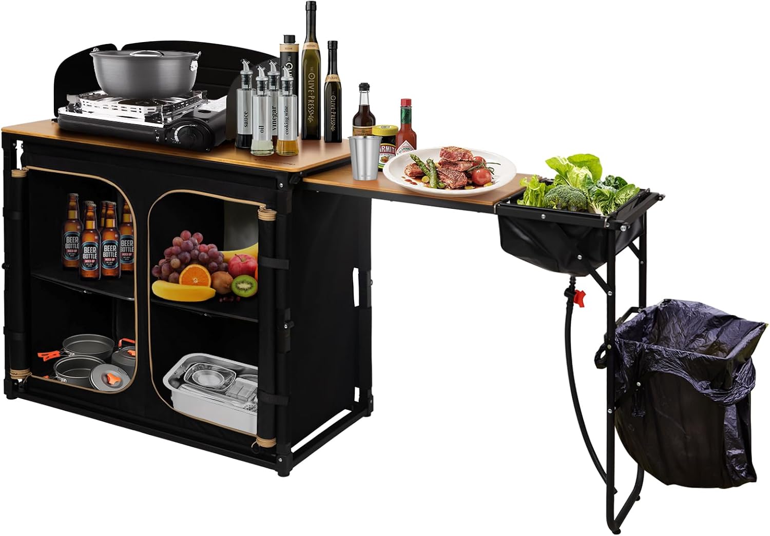 Camping Cooking Table With Windshield - Tavolo da Campeggio Pieghevole in Bambù