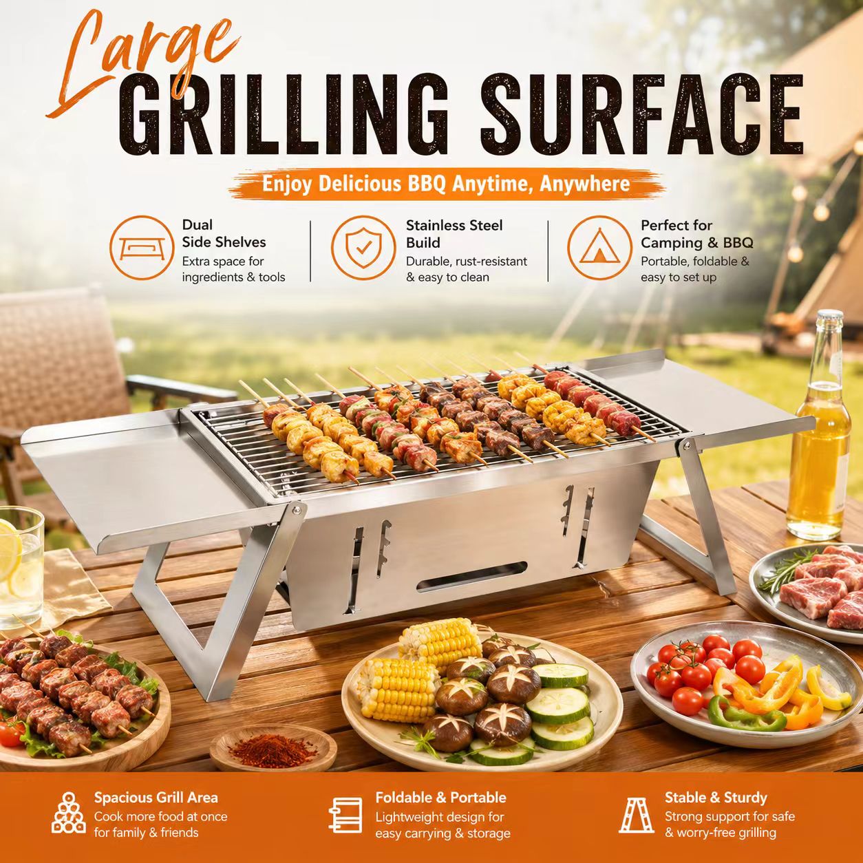 Camp Grill Portable Folding - Griglia BBQ Pieghevole in Acciaio Inox,